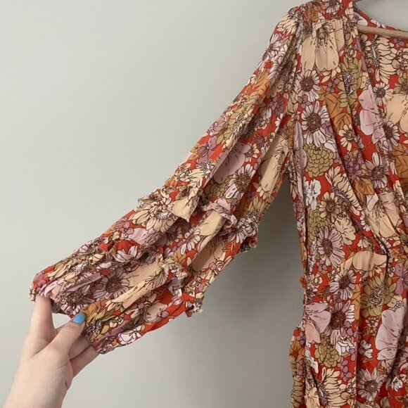 Free People Under Wraps Ruched Boho Floral Mini Dress Size 12 - Picture 5 of 9